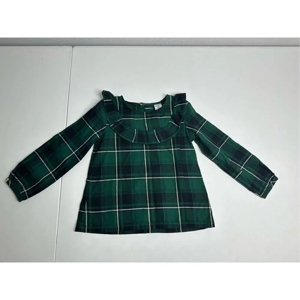 Carters Toddler Girl’s Black Green Watch Plaid Blouse Ruffle Trim Size 3T